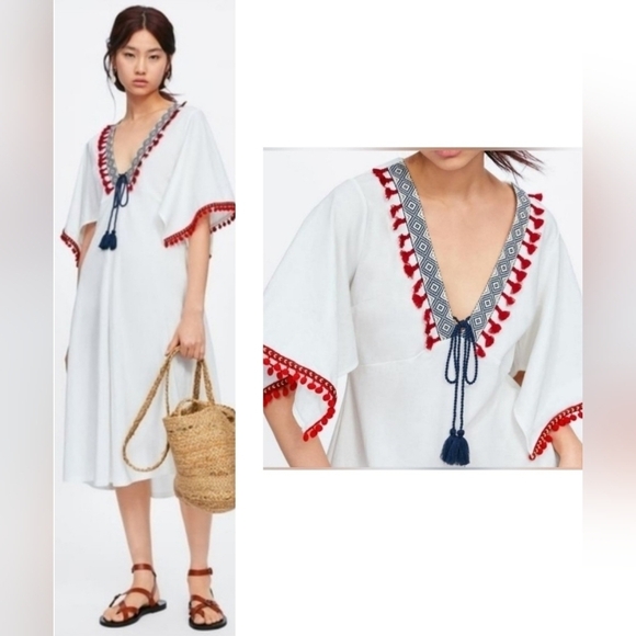 Zara Dresses & Skirts - ZARA Tassel Hem V-Neck Midi A-Line White blur And Red Boho Dress Size M